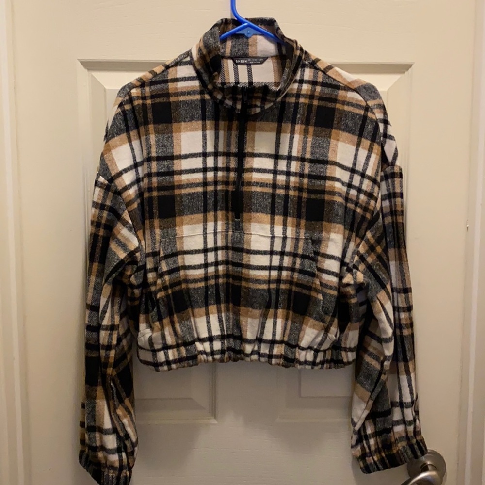 Shein Brown and Black Plaid Quarter Zip L